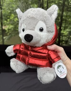FIESTA BABY WOLF DOG IN PUFFER JACKET RED HOODIE PLUSH STUFFED TOY ANIMAL NWT